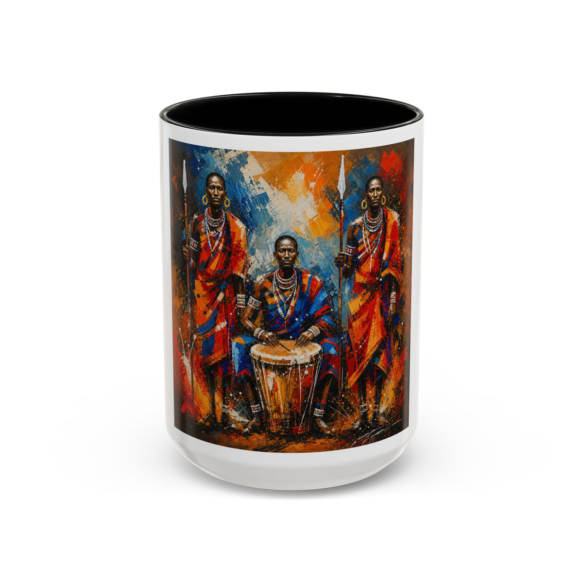 African Drummers Art Coffee Mug — Colorful Maasai Music Accent Mug (11/15oz)