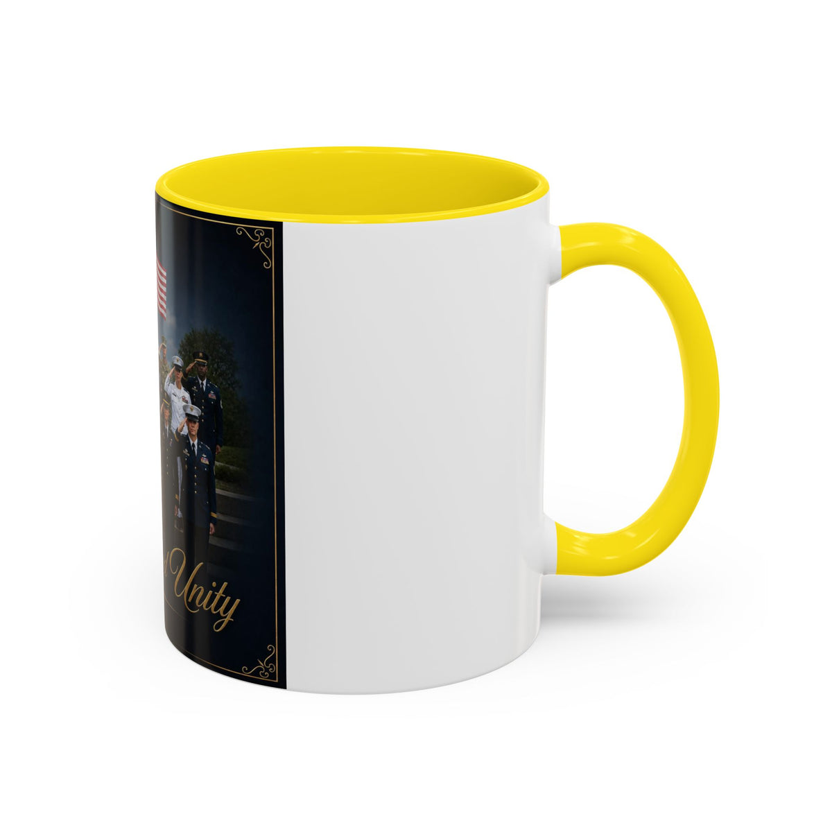 Honor and Unity Military Coffee Mug — Patriotic Veteran Flag Accent 11/15oz
