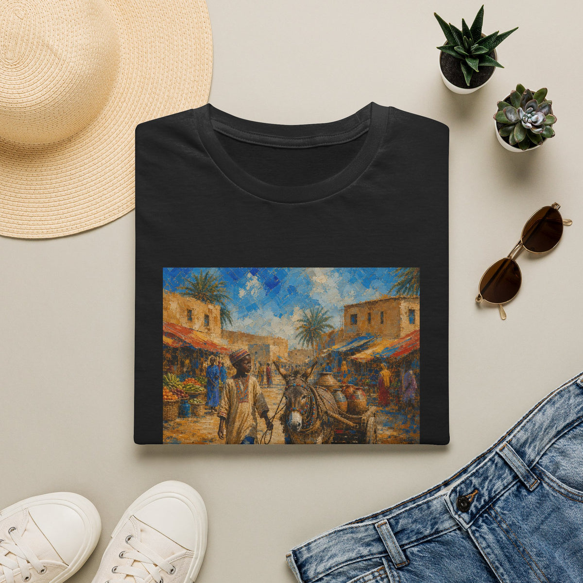 Vintage Mediterranean Market T-Shirt — Rustic Village Street Scene Tee