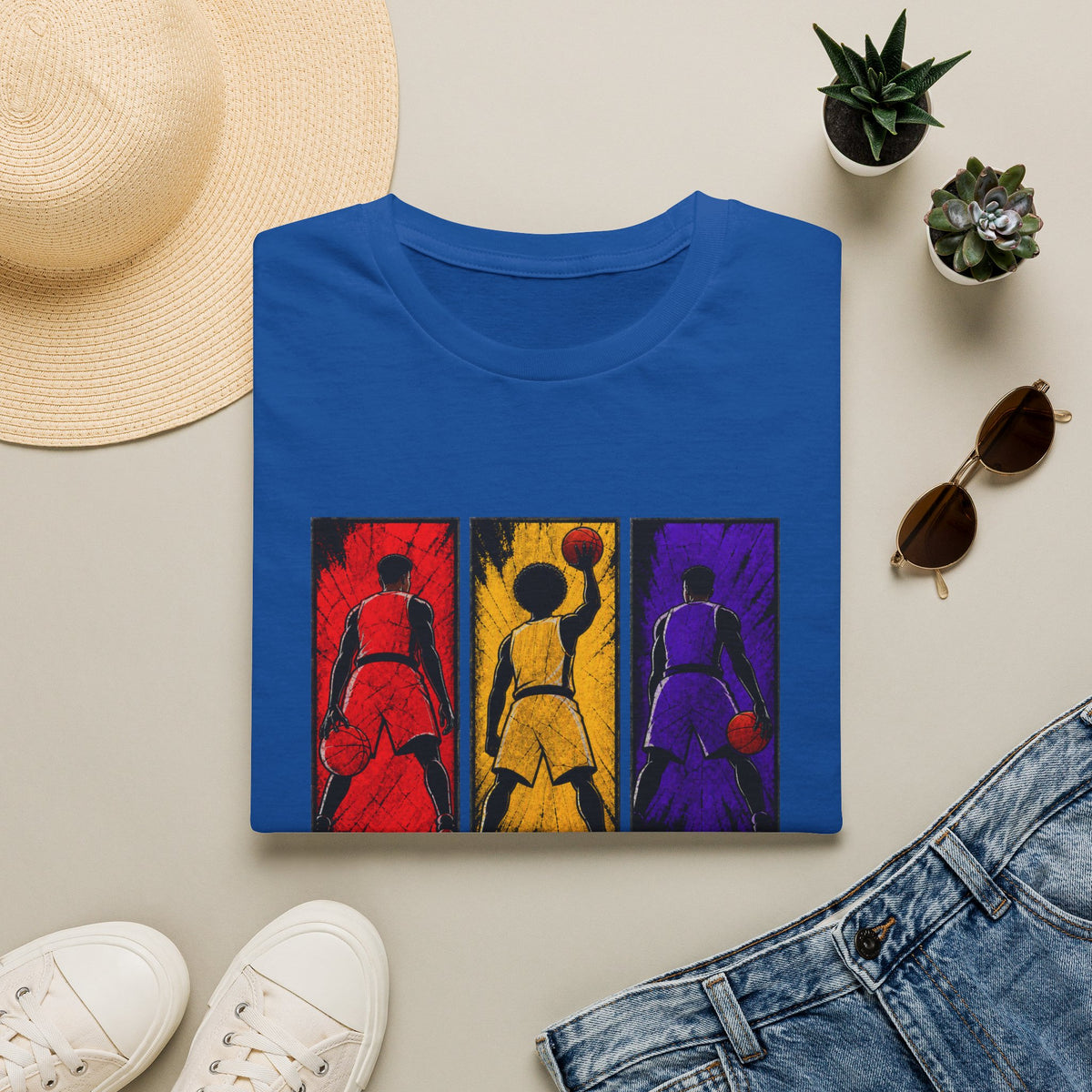 Basketball Triptych T-Shirt — Color Block Dunk Silhouette Tee