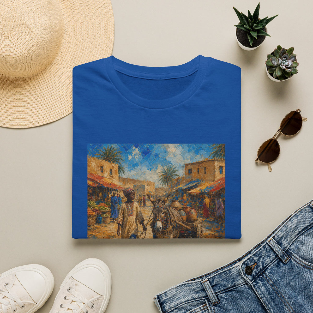 Vintage Mediterranean Market T-Shirt — Rustic Village Street Scene Tee