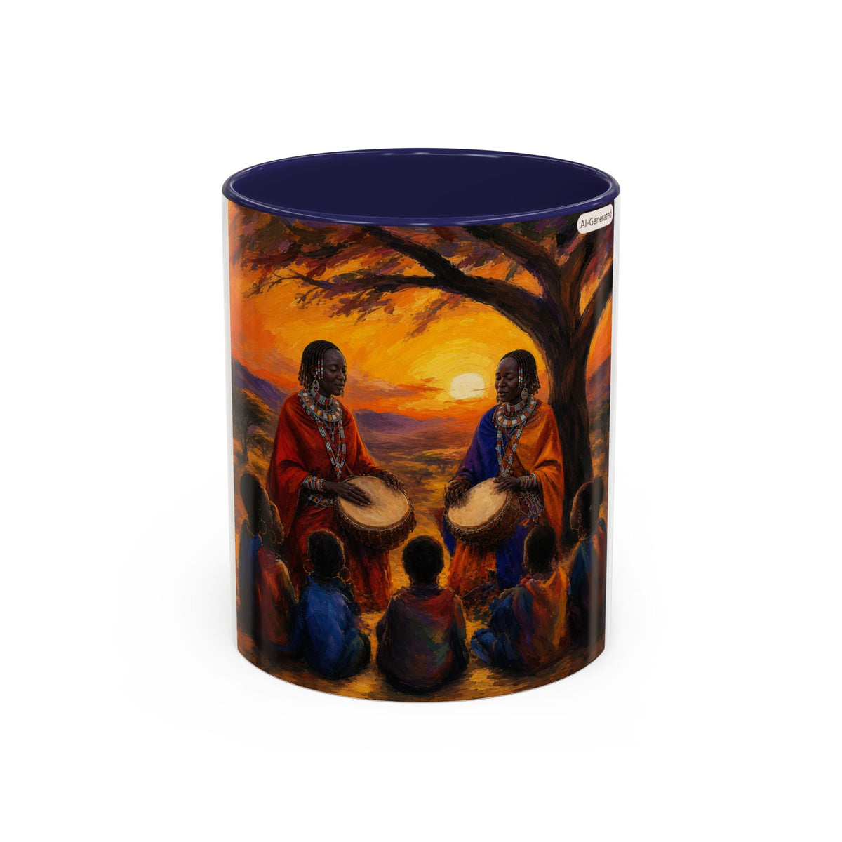 African Sunset Drum Circle Coffee Mug — Vibrant Cultural Art Accent Mug (11/15oz)