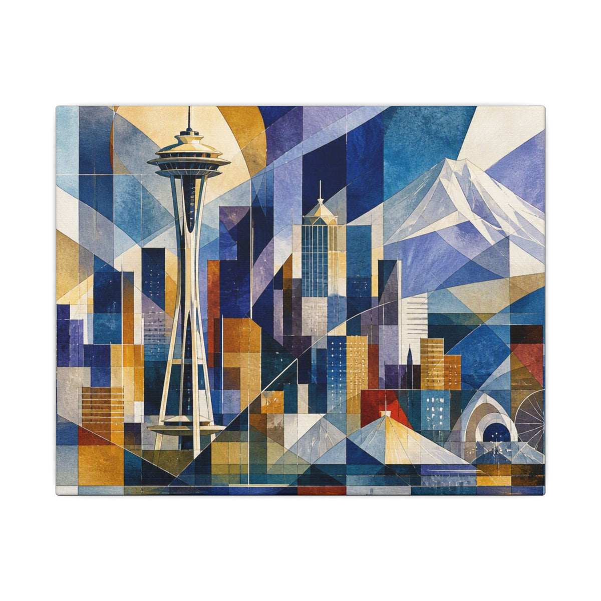 Seattle Skyline Canvas — Geometric Space Needle & Mount Rainier Wall Art