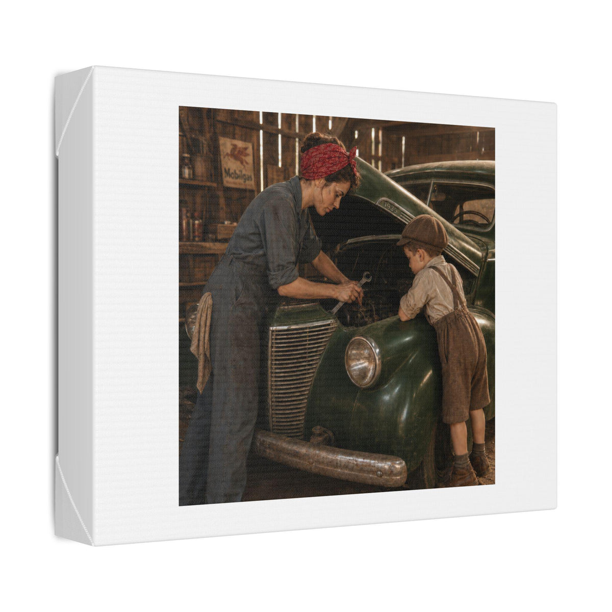 Mother and Son Garage Mechanics Canvas | Vintage Automotive Wall Art