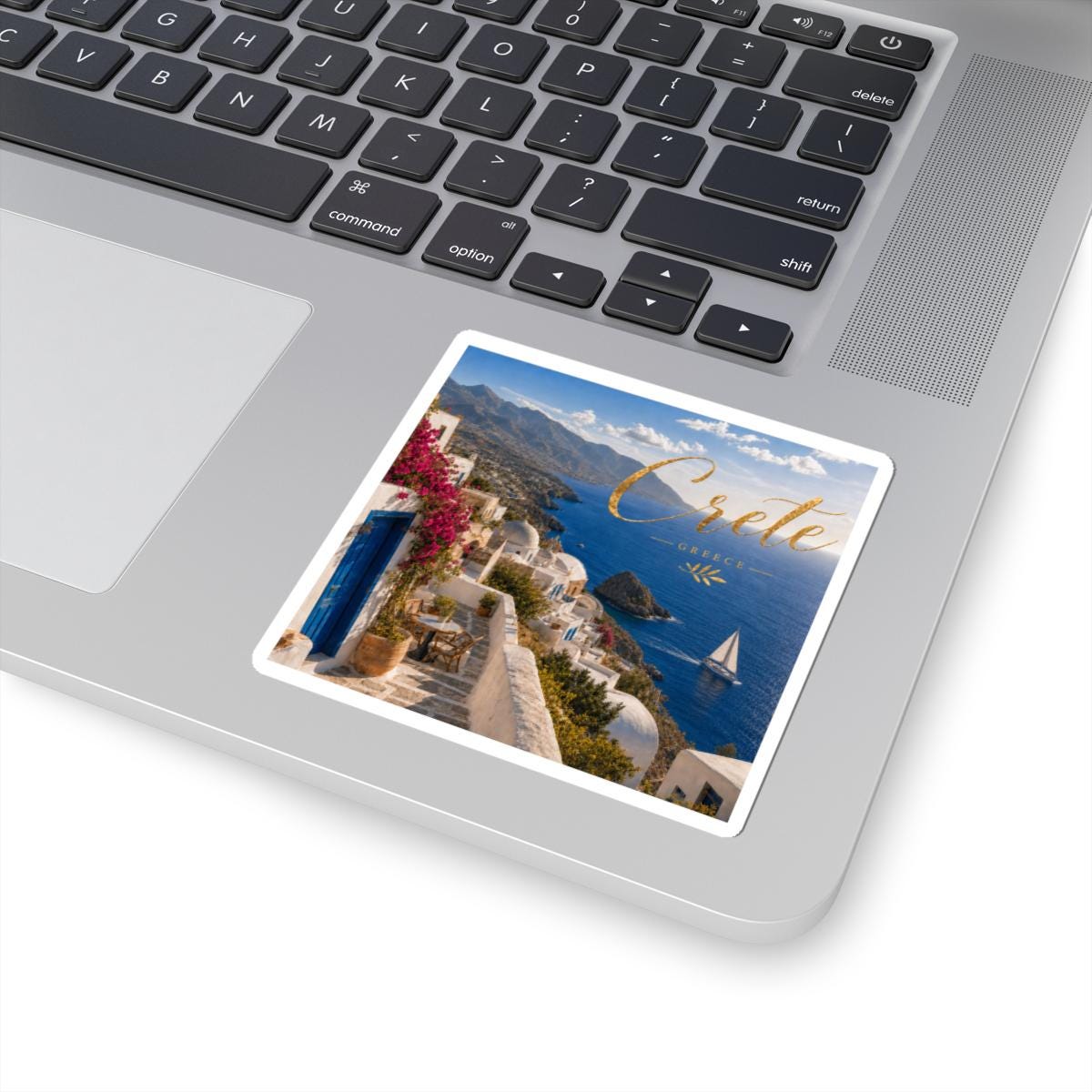 Crete Greece Sailboat Village Scene Vinyl Sticker (Kiss-Cut)