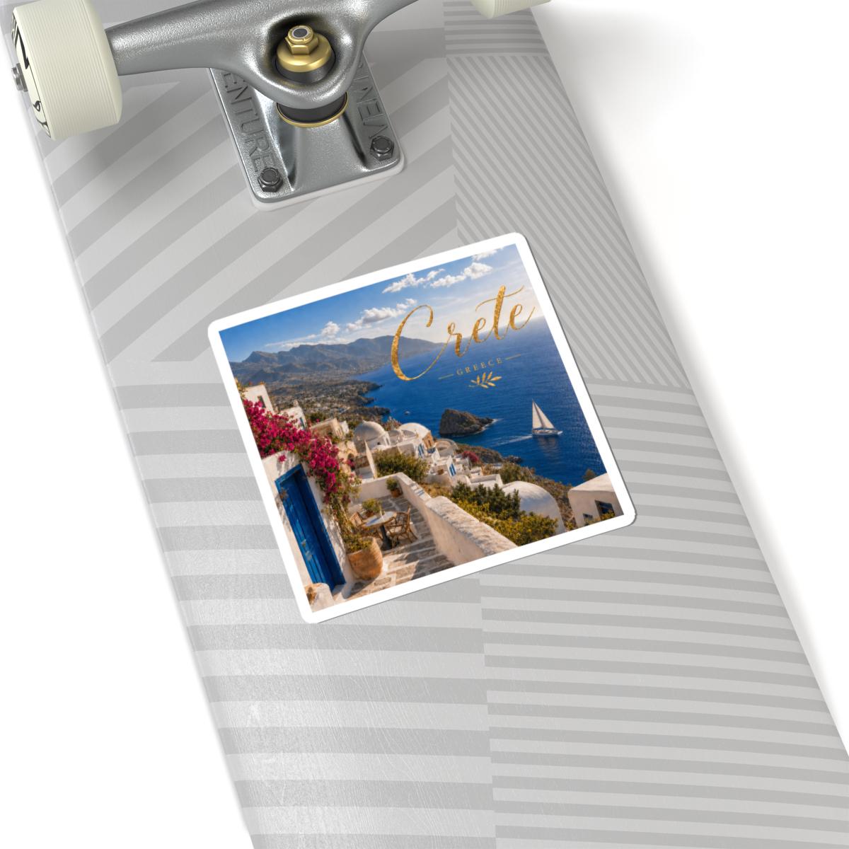 Crete Greece Sailboat Village Scene Vinyl Sticker (Kiss-Cut)