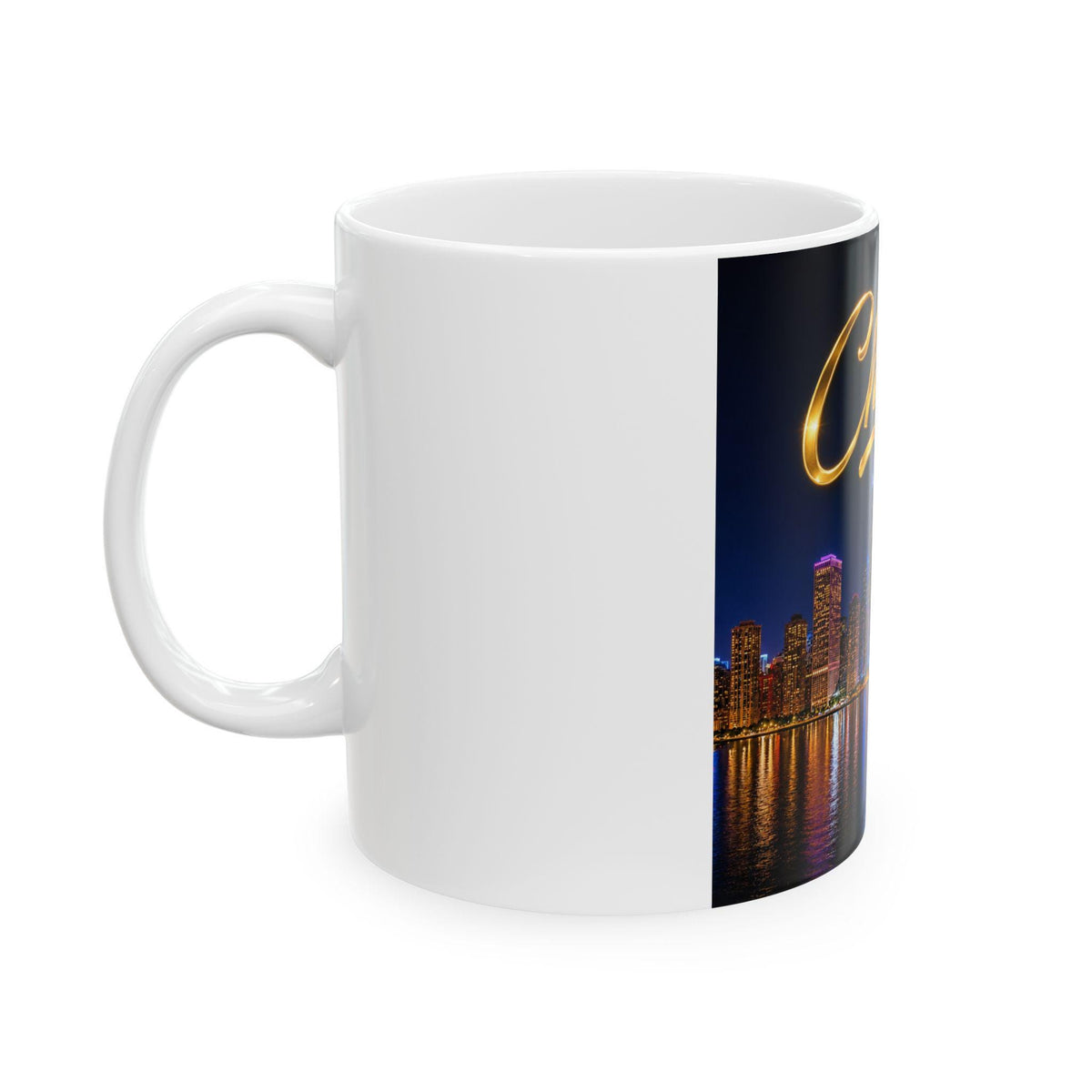 Chicago skyline neon script Mug | Cityscape reflection ceramic mug