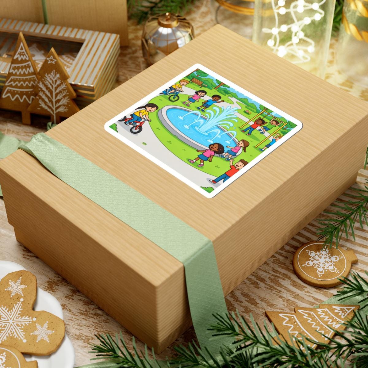 Park Scene Sticker | Kids Playing, Fountain, Bicycles (Vinyl Sticker)