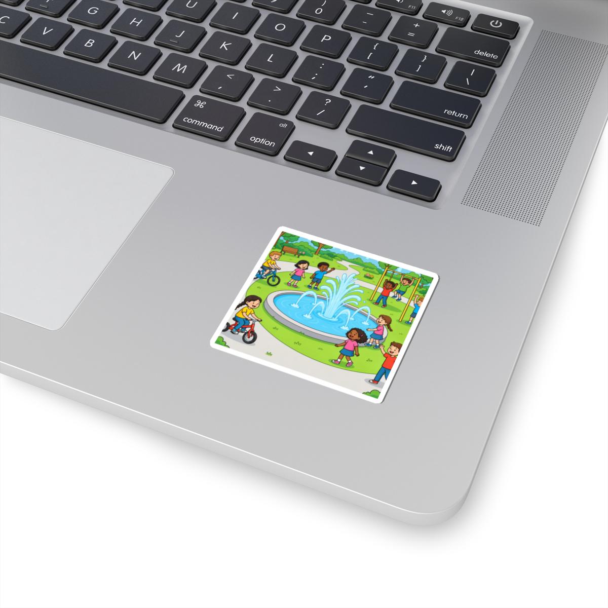 Park Scene Sticker | Kids Playing, Fountain, Bicycles (Vinyl Sticker)