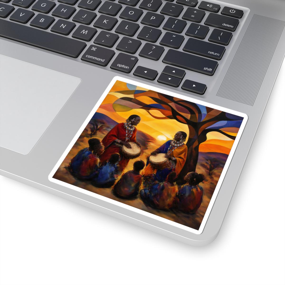African Drummers Sunset Kiss-Cut Sticker | Maasai Tribal Music Scene