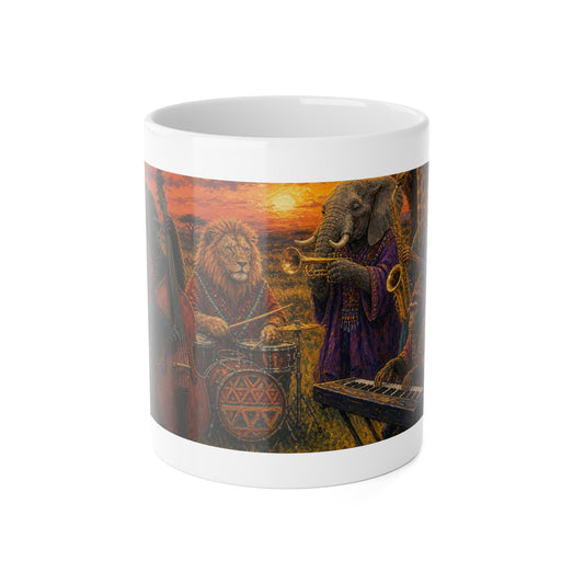 African Animal Jazz Band Mug | Lion Elephant Gorilla Sunset Illustration