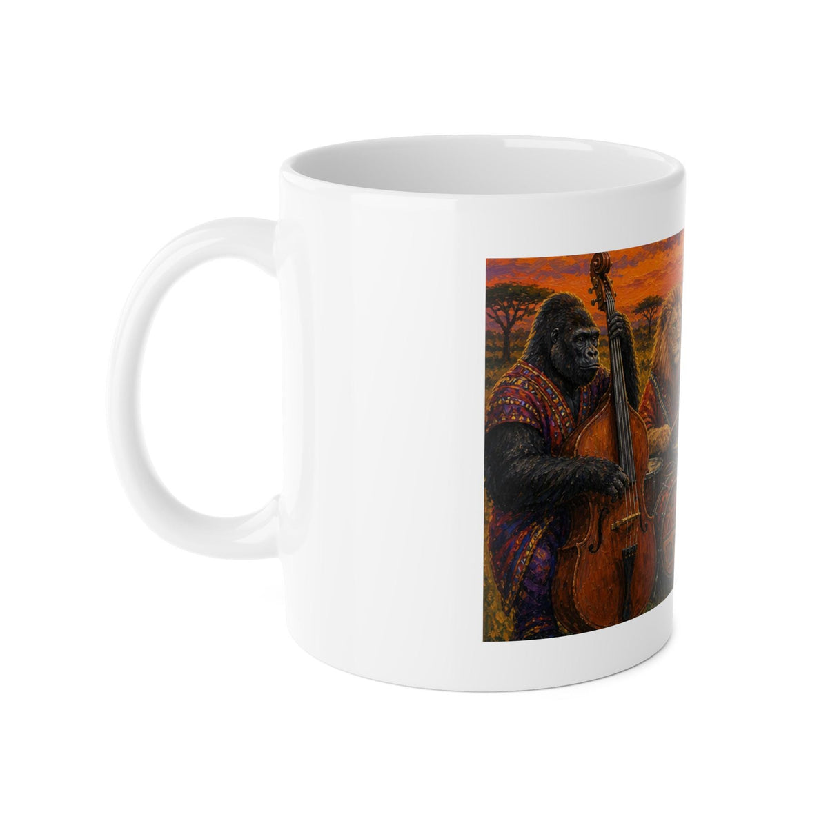 African Animal Jazz Band Mug | Lion Elephant Gorilla Sunset Illustration
