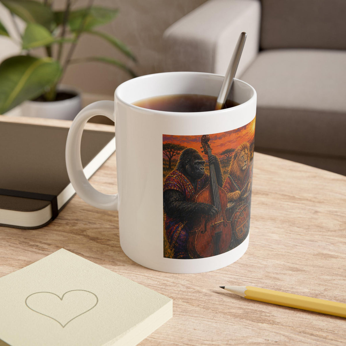 African Animal Jazz Band Mug | Lion Elephant Gorilla Sunset Illustration