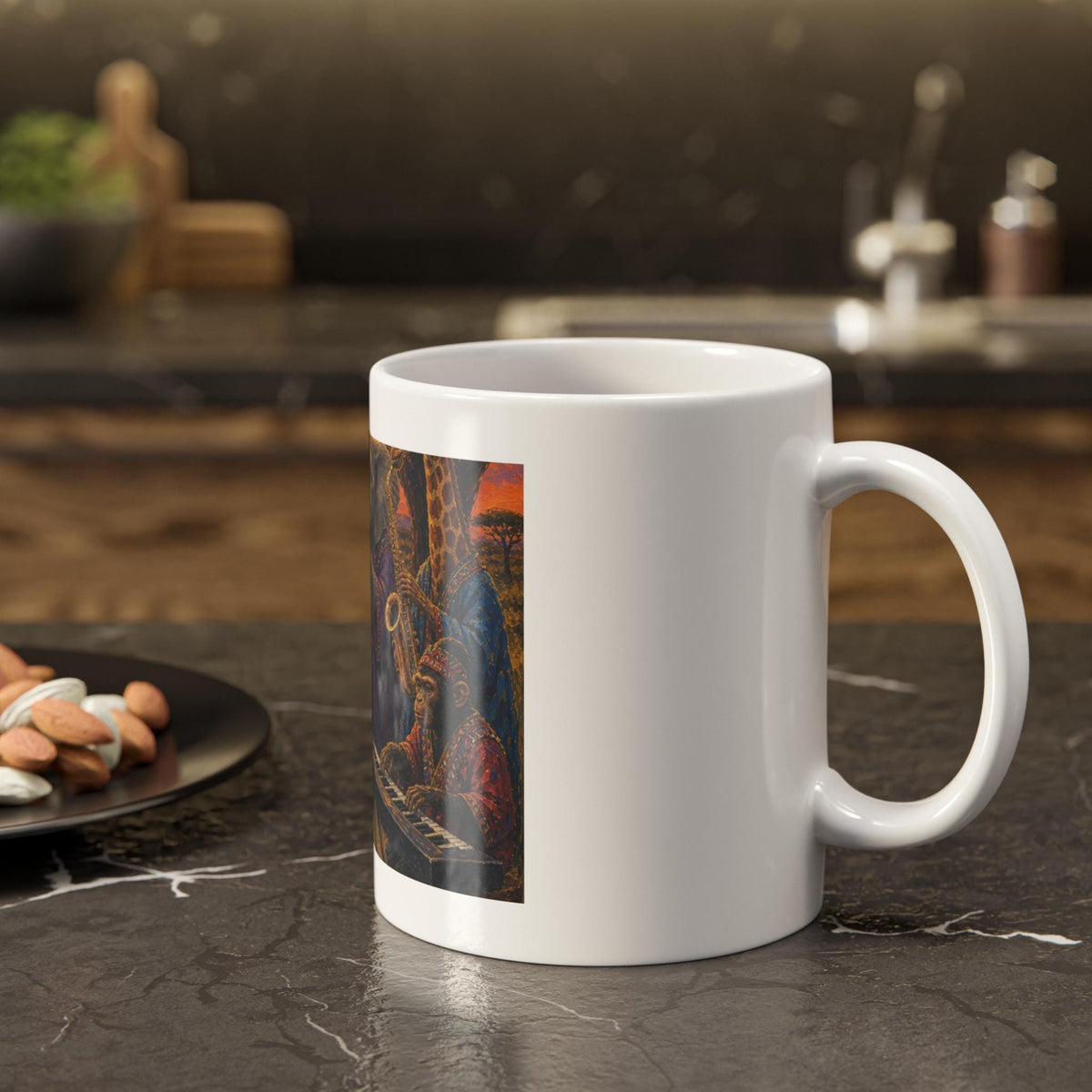 African Animal Jazz Band Mug | Lion Elephant Gorilla Sunset Illustration