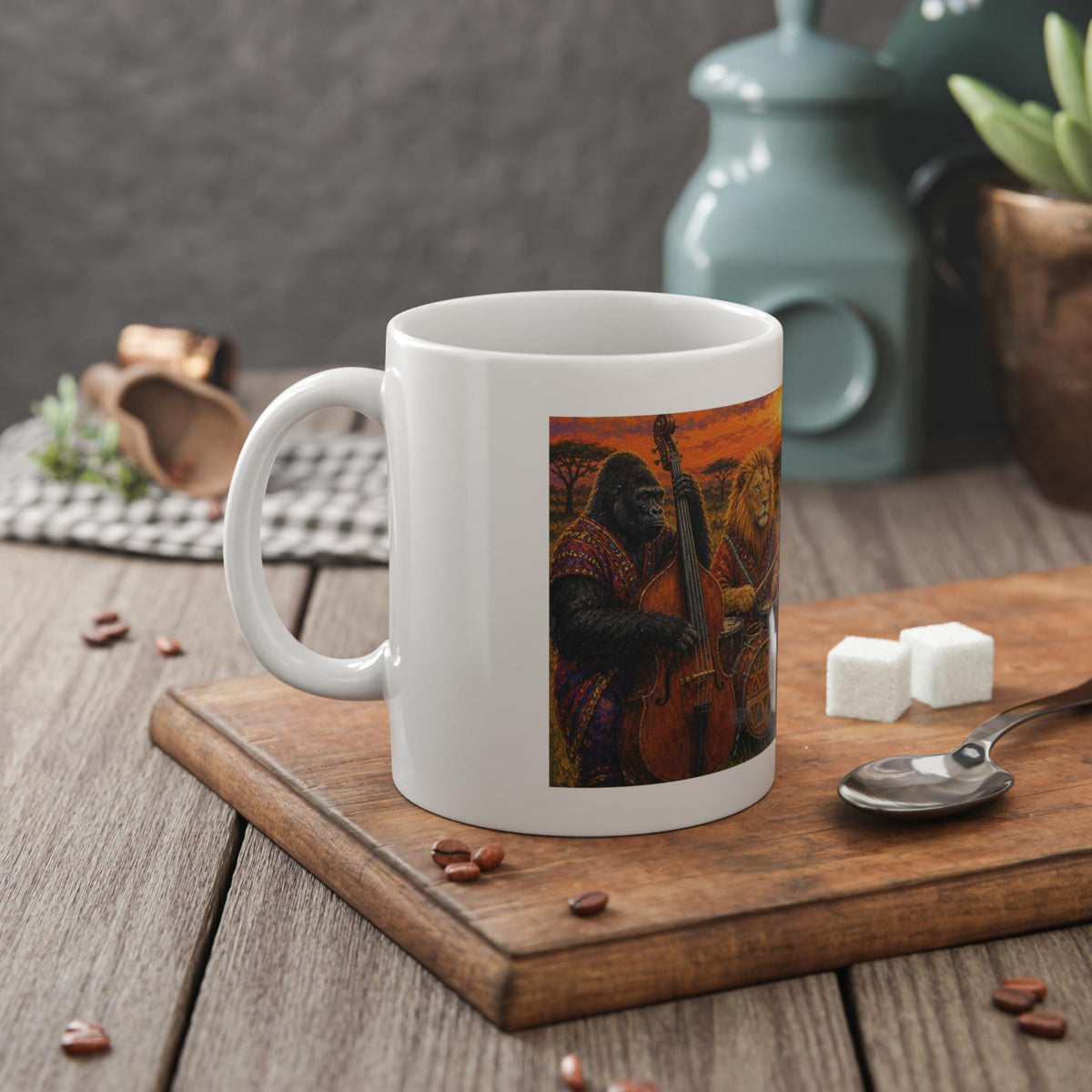 African Animal Jazz Band Mug | Lion Elephant Gorilla Sunset Illustration