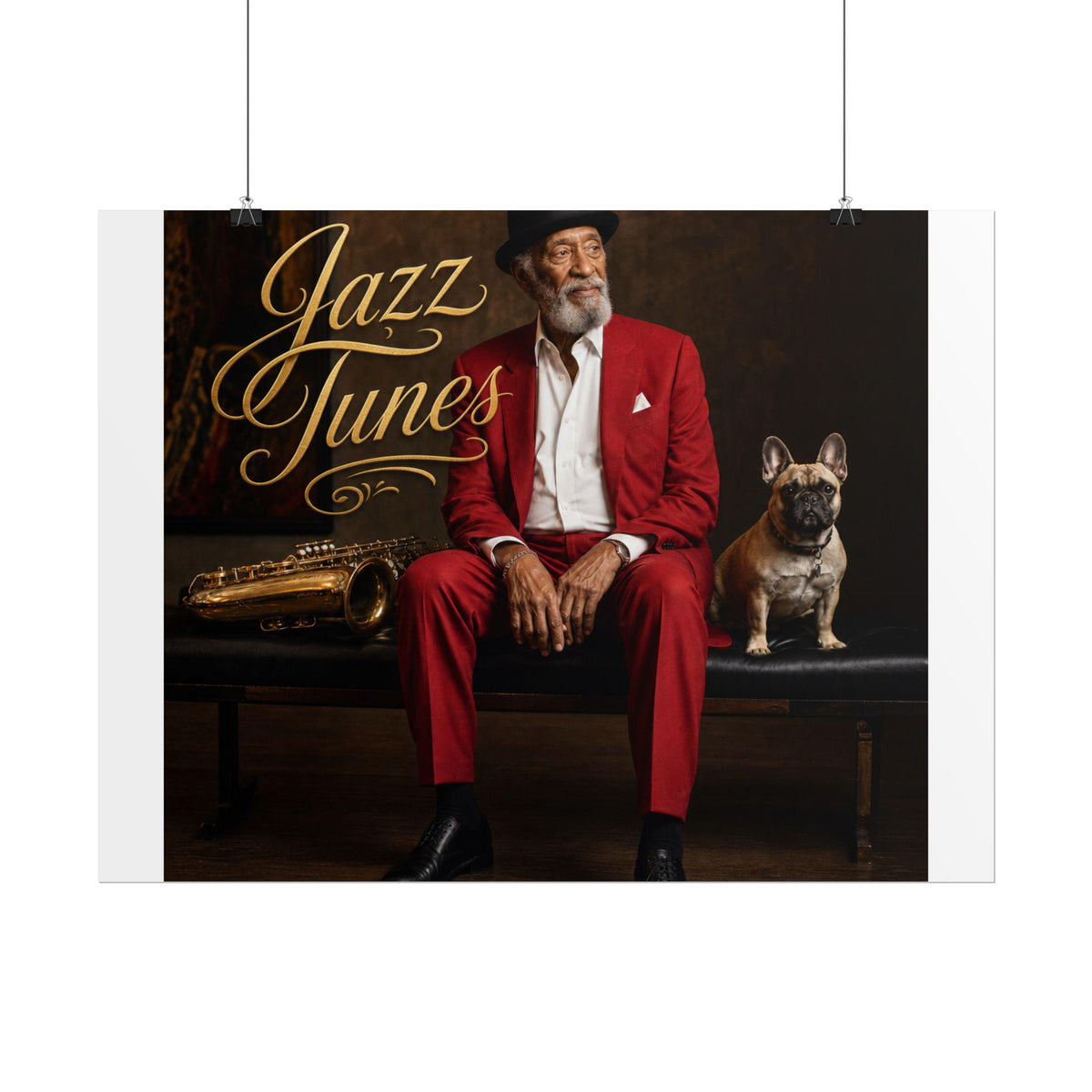 Vintage Jazz Musician Poster  Dapper Man, Saxophone, French Bulldog Wall Art (Rolled Poster)