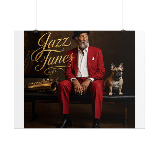 Vintage Jazz Musician Poster  Dapper Man, Saxophone, French Bulldog Wall Art (Rolled Poster)