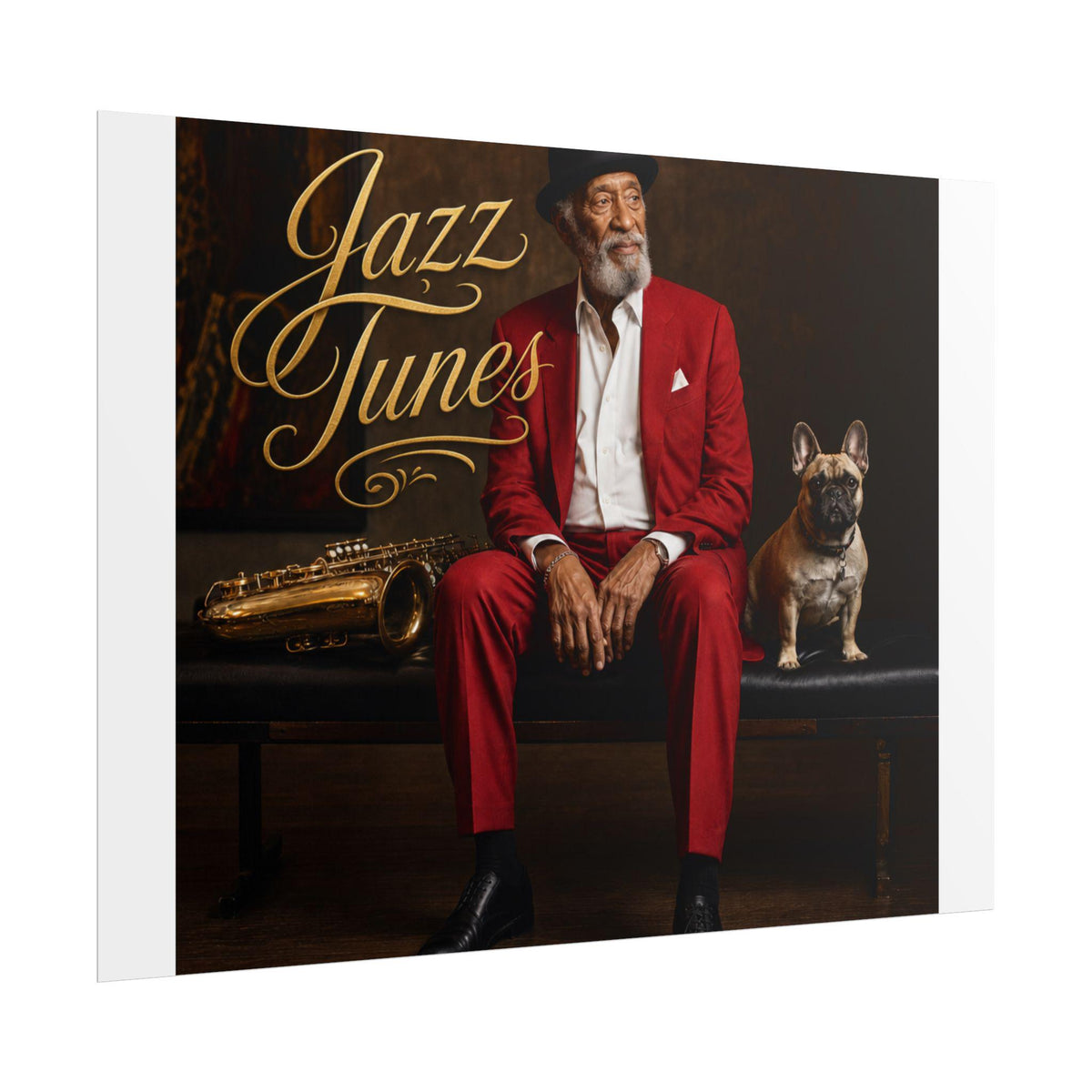 Vintage Jazz Musician Poster  Dapper Man, Saxophone, French Bulldog Wall Art (Rolled Poster)