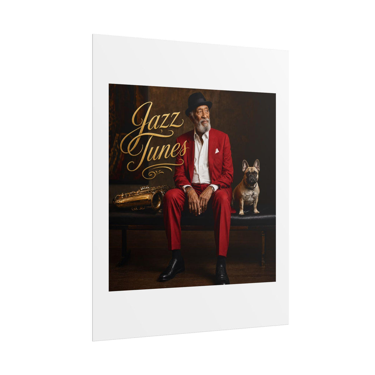 Vintage Jazz Musician Poster  Dapper Man, Saxophone, French Bulldog Wall Art (Rolled Poster)
