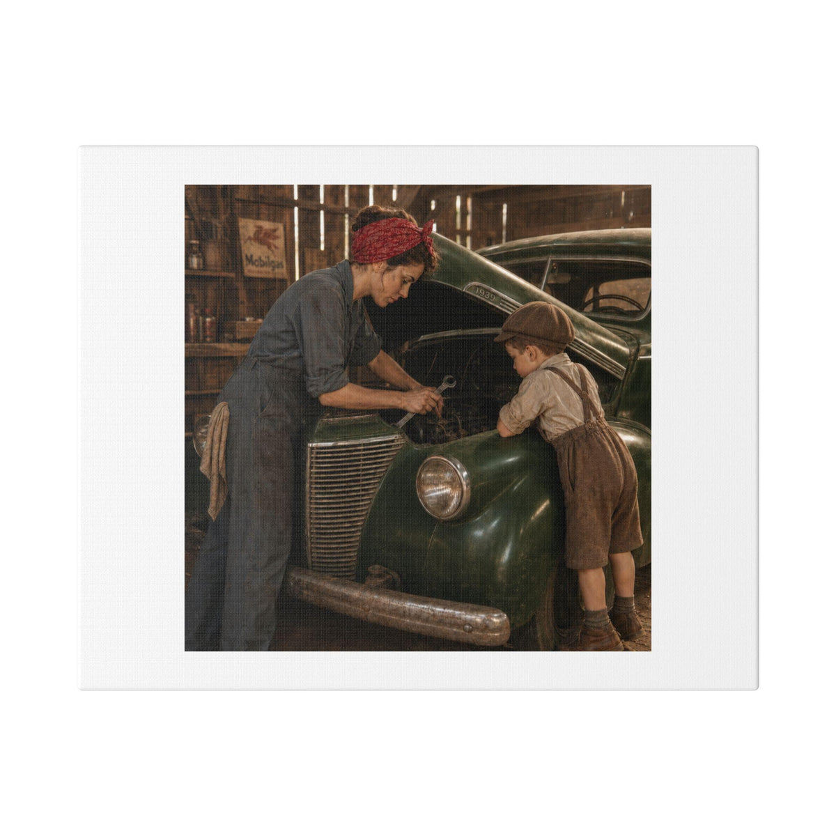 Mother and Son Garage Mechanics Canvas | Vintage Automotive Wall Art