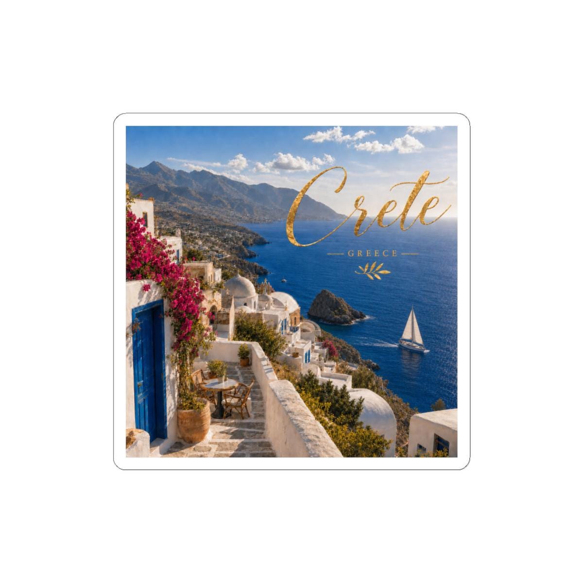 Crete Greece Sailboat Village Scene Vinyl Sticker (Kiss-Cut)