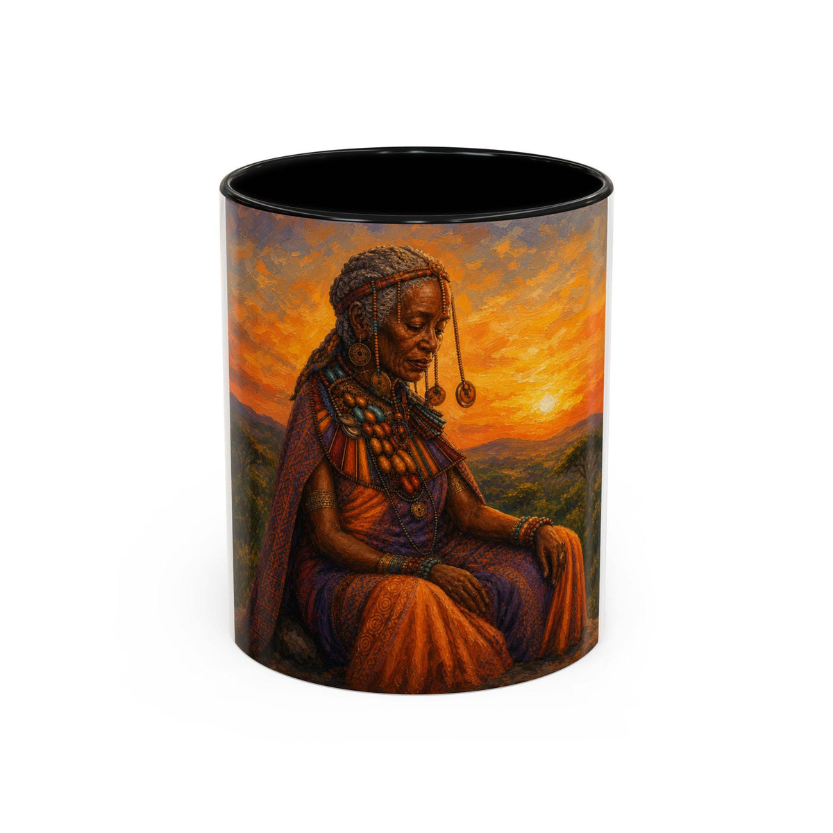 African Queen Sunset Coffee Mug  Regal Tribal Portrait Accent Mug (11/15oz)