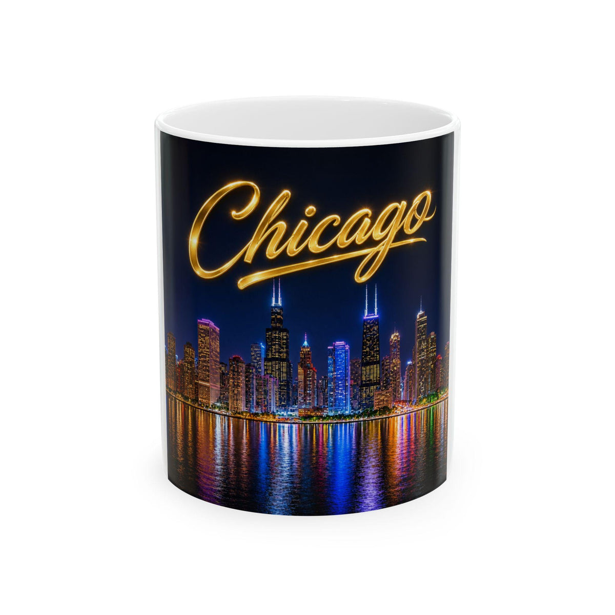 Chicago skyline neon script Mug | Cityscape reflection ceramic mug
