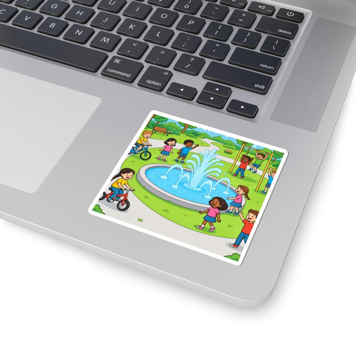 Park Scene Sticker | Kids Playing, Fountain, Bicycles (Vinyl Sticker)