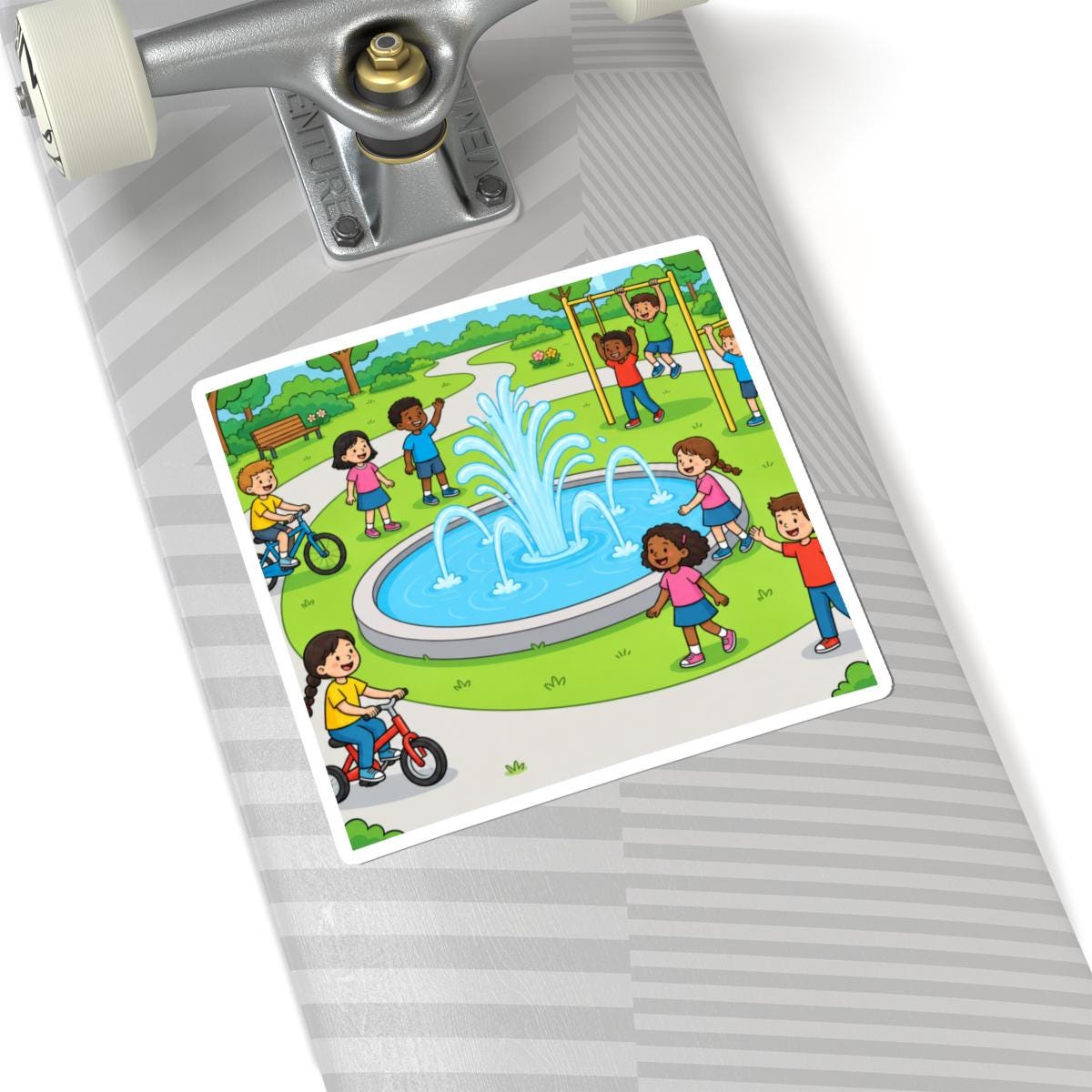 Park Scene Sticker | Kids Playing, Fountain, Bicycles (Vinyl Sticker)