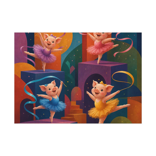Dancing Piglets Ballet Art Print: Whimsical Storybook Wall Decor Poster