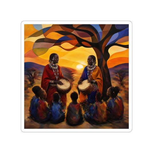 African Drummers Sunset Kiss-Cut Sticker | Maasai Tribal Music Scene