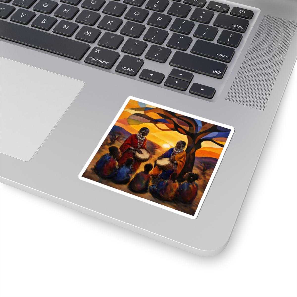 African Drummers Sunset Kiss-Cut Sticker | Maasai Tribal Music Scene