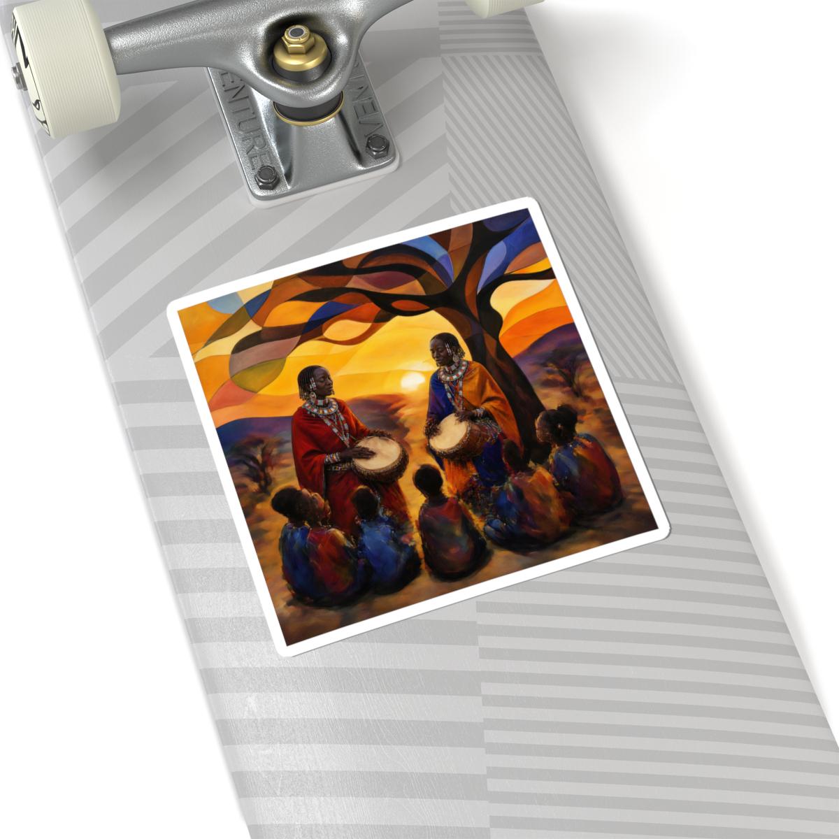 African Drummers Sunset Kiss-Cut Sticker | Maasai Tribal Music Scene