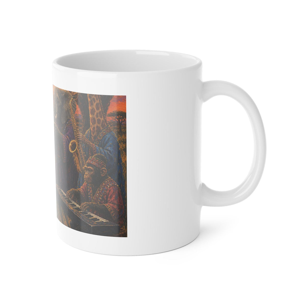 African Animal Jazz Band Mug | Lion Elephant Gorilla Sunset Illustration