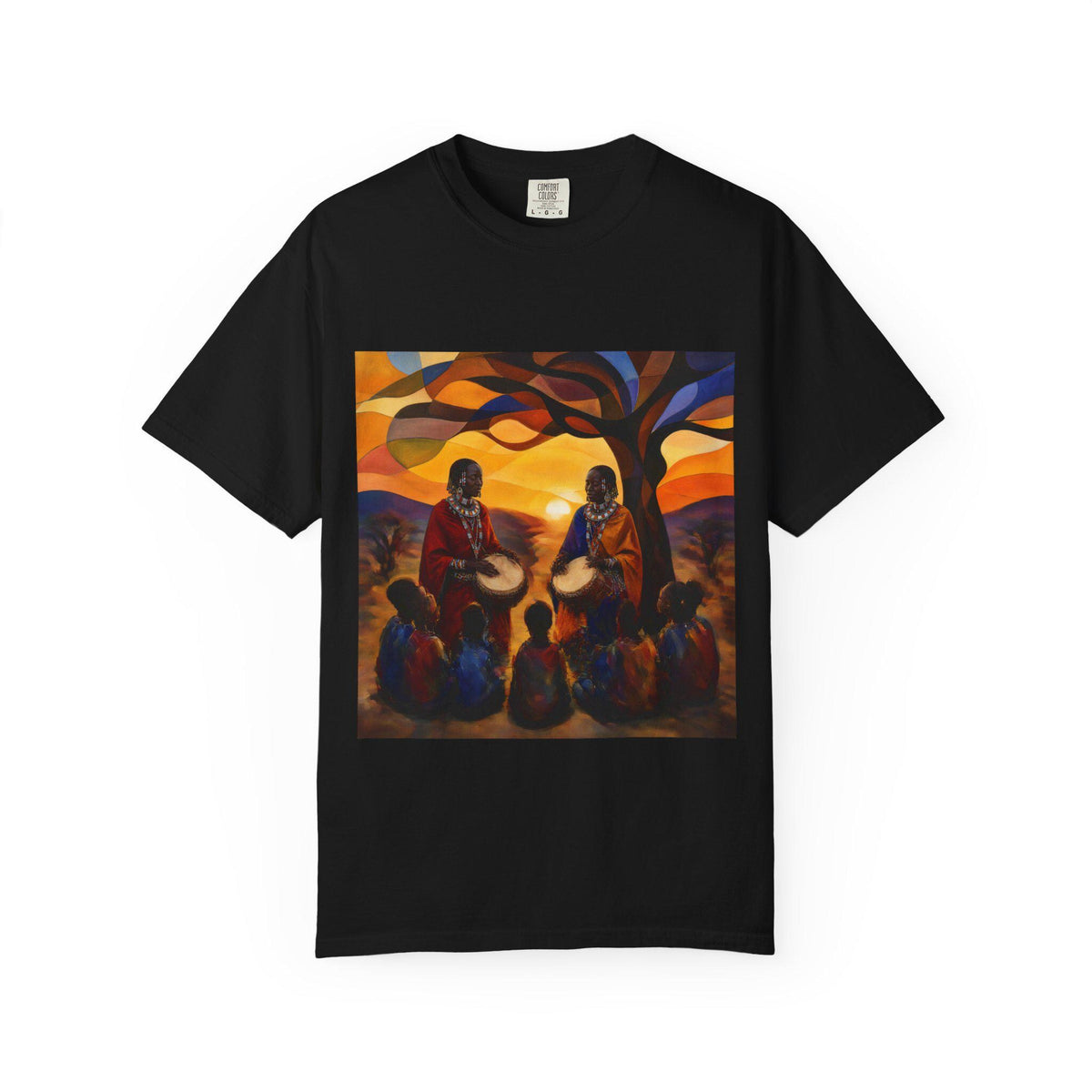 African Drum Circle T-shirt | Sunset Tree Scene, Folk Music Illustration