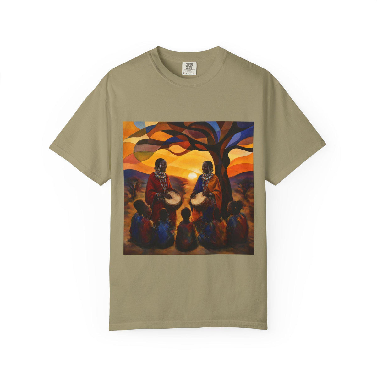 African Drum Circle T-shirt | Sunset Tree Scene, Folk Music Illustration