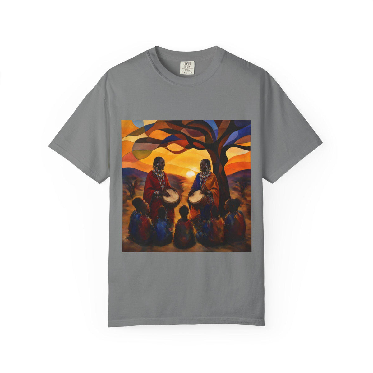 African Drum Circle T-shirt | Sunset Tree Scene, Folk Music Illustration