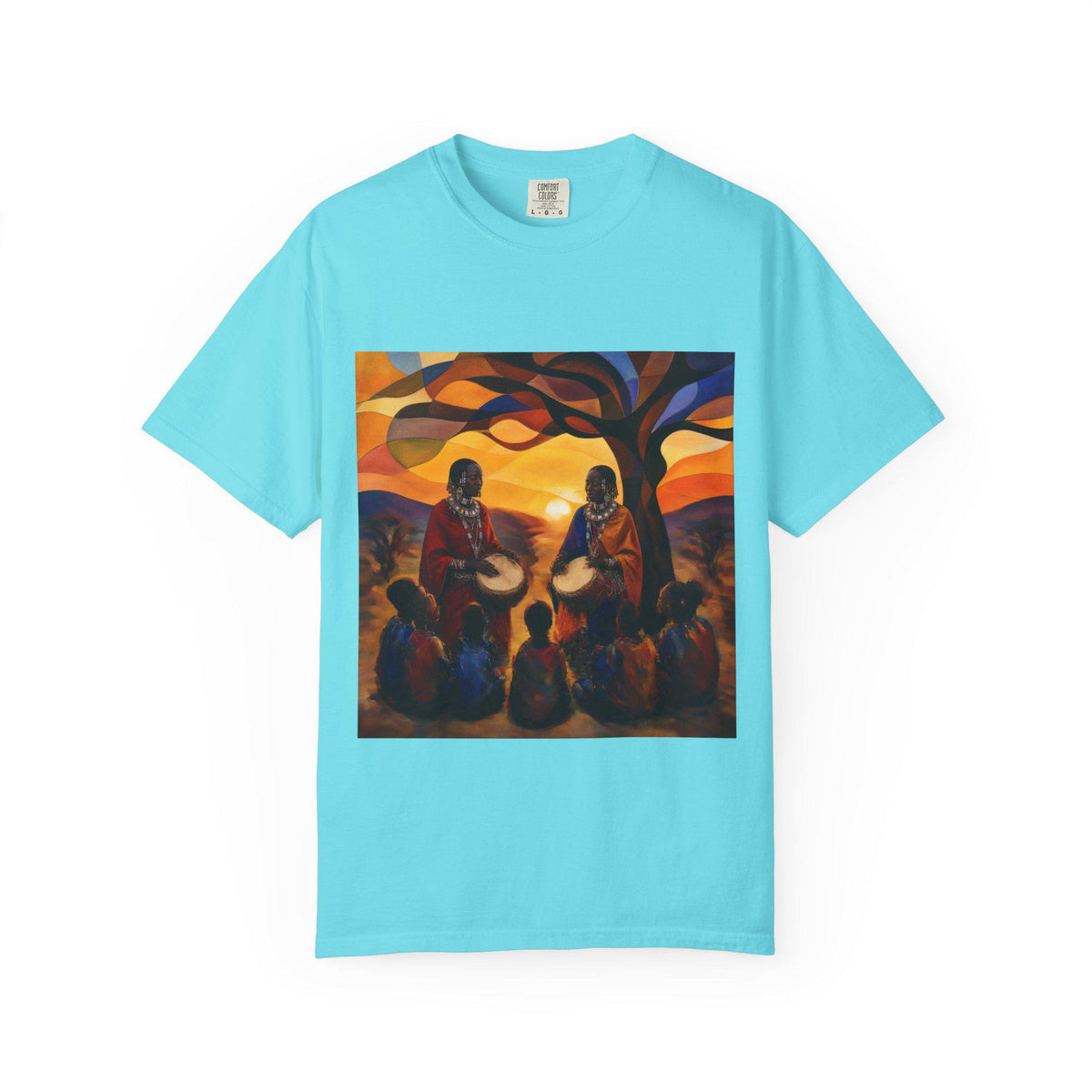 African Drum Circle T-shirt | Sunset Tree Scene, Folk Music Illustration