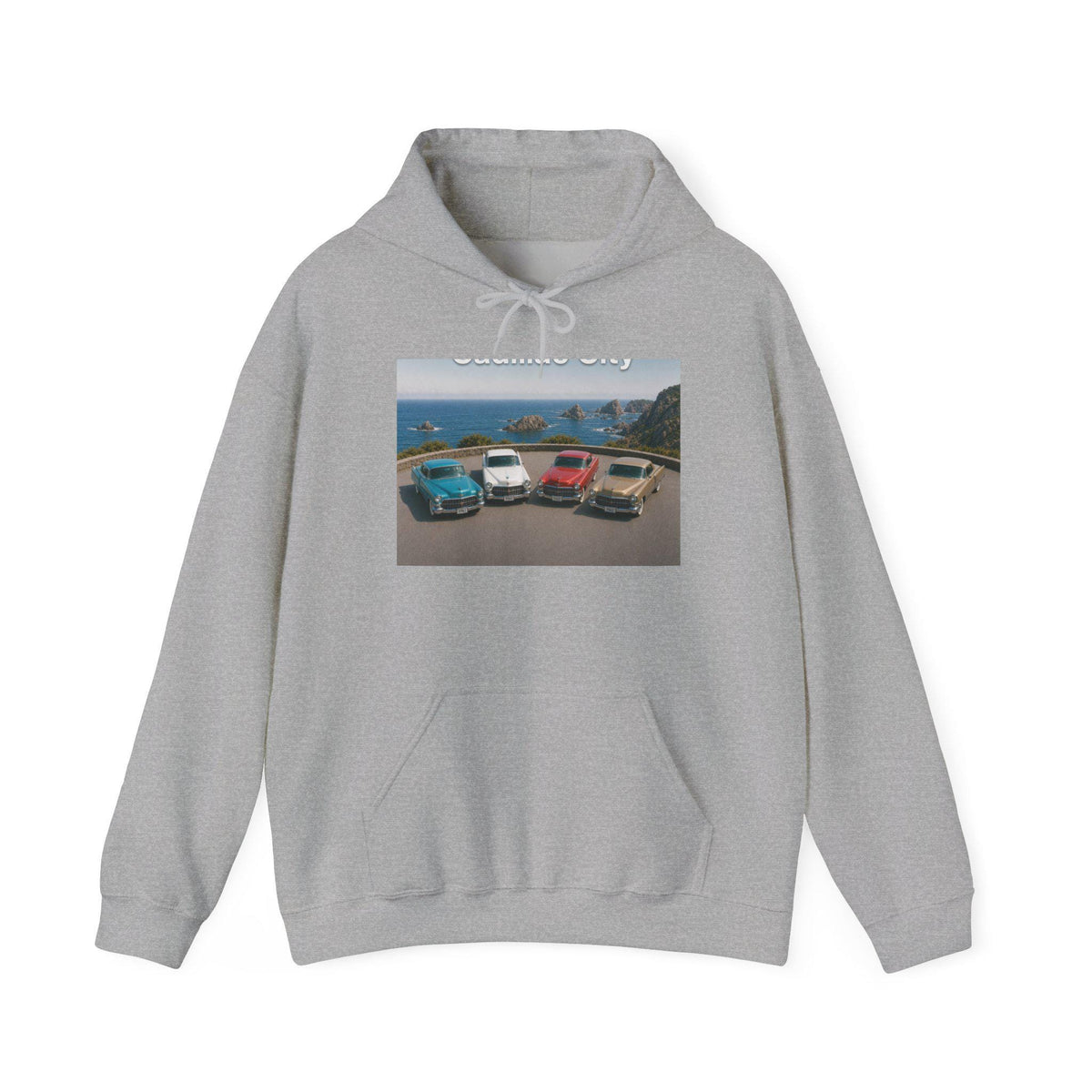 Vintage Caddy Beach Scene Hoodie | Surf Van Roadtrip Print