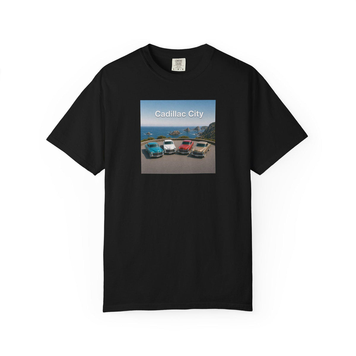Cadillac City vintage cars graphic T-shirt | classic car beach scene