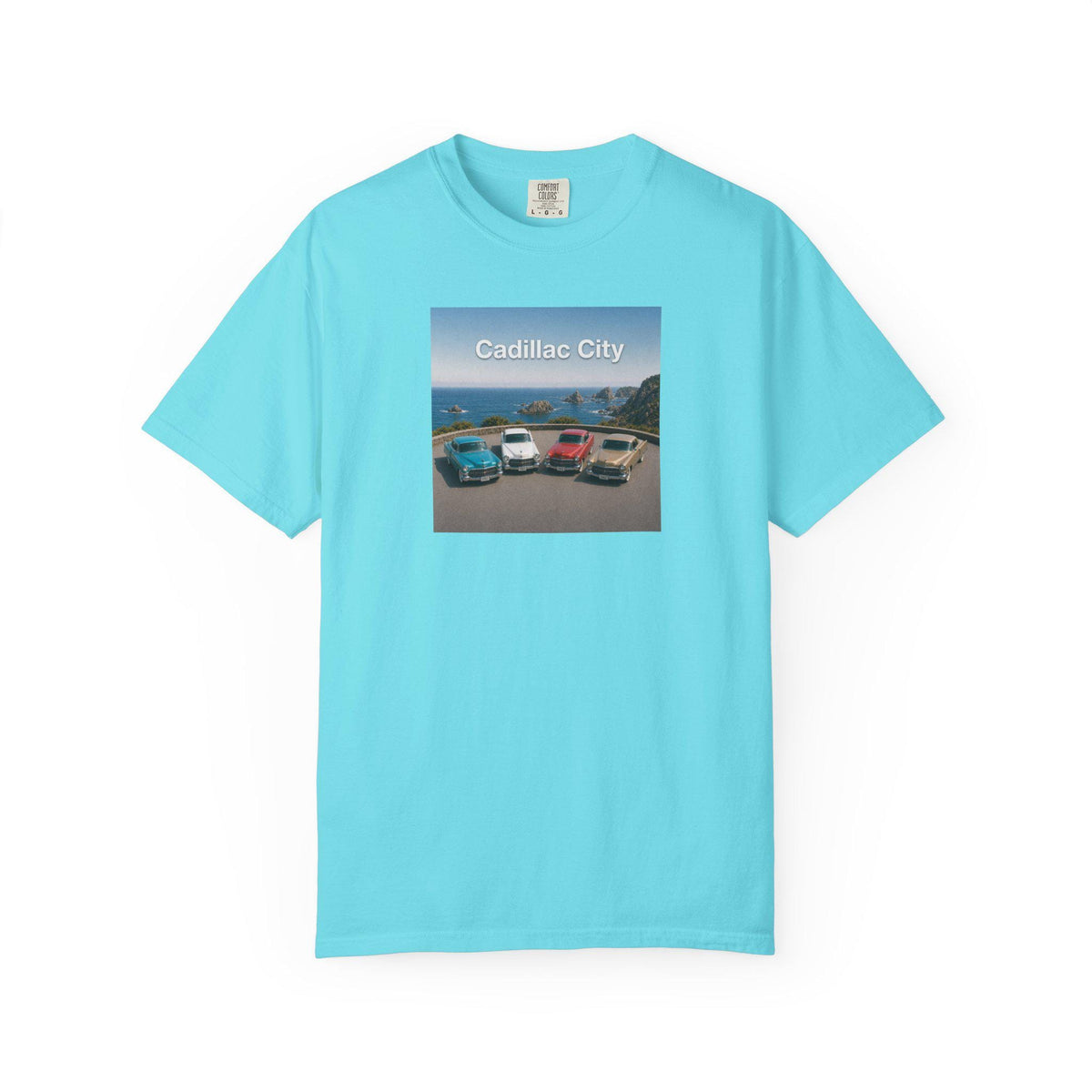 Cadillac City vintage cars graphic T-shirt | classic car beach scene