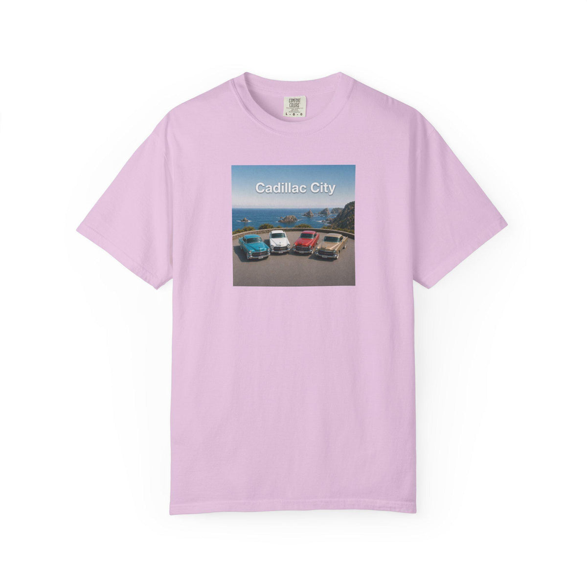 Cadillac City vintage cars graphic T-shirt | classic car beach scene