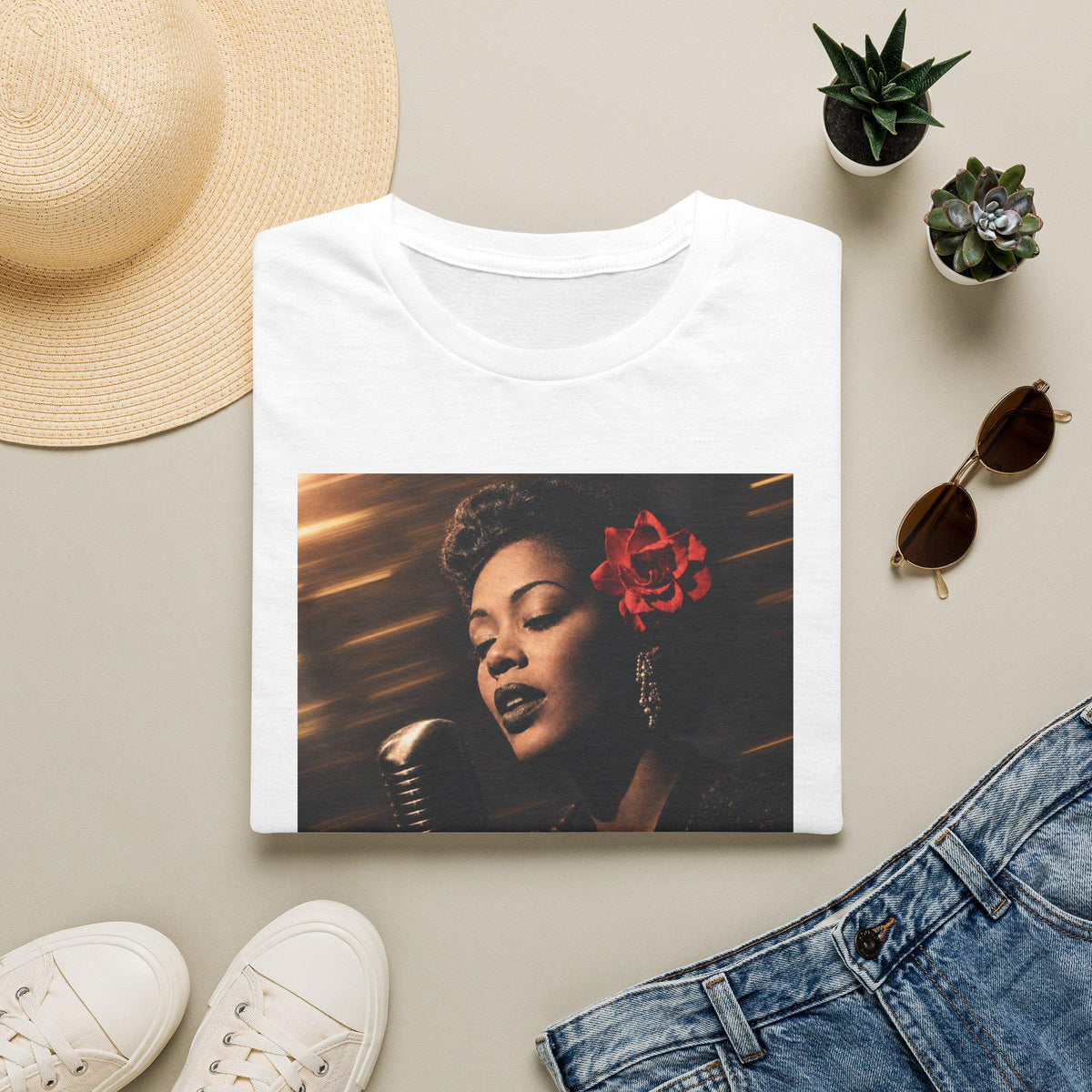 Vintage Jazz Singer T-Shirt  Retro Microphone Portrait with Red Flower