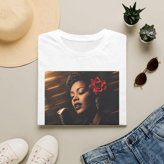 Vintage Jazz Singer T-Shirt  Retro Microphone Portrait with Red Flower