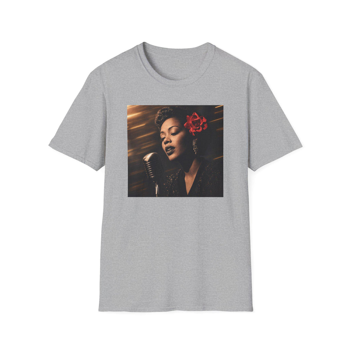 Vintage Jazz Singer T-Shirt  Retro Microphone Portrait with Red Flower