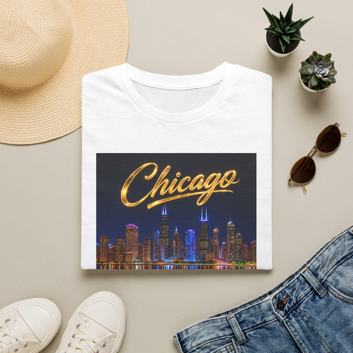 Chicago Skyline T-Shirt  Retro Script City Nightscape Tee