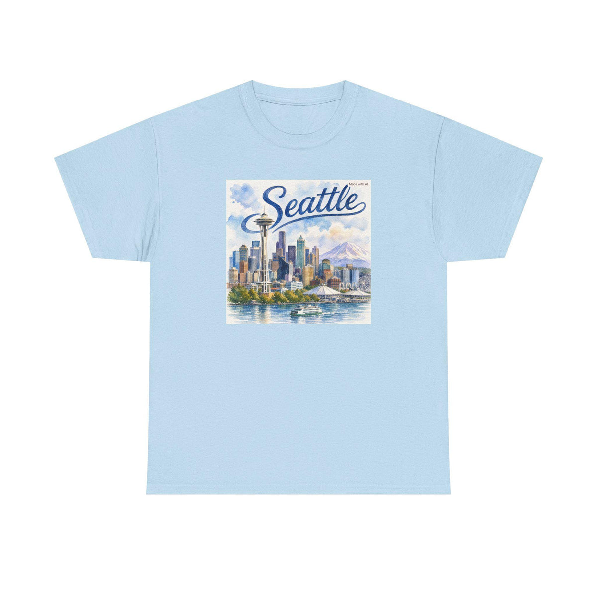 Seattle Skyline Illustration T-Shirt | Cityscape, Waterfront, Mount Rainier
