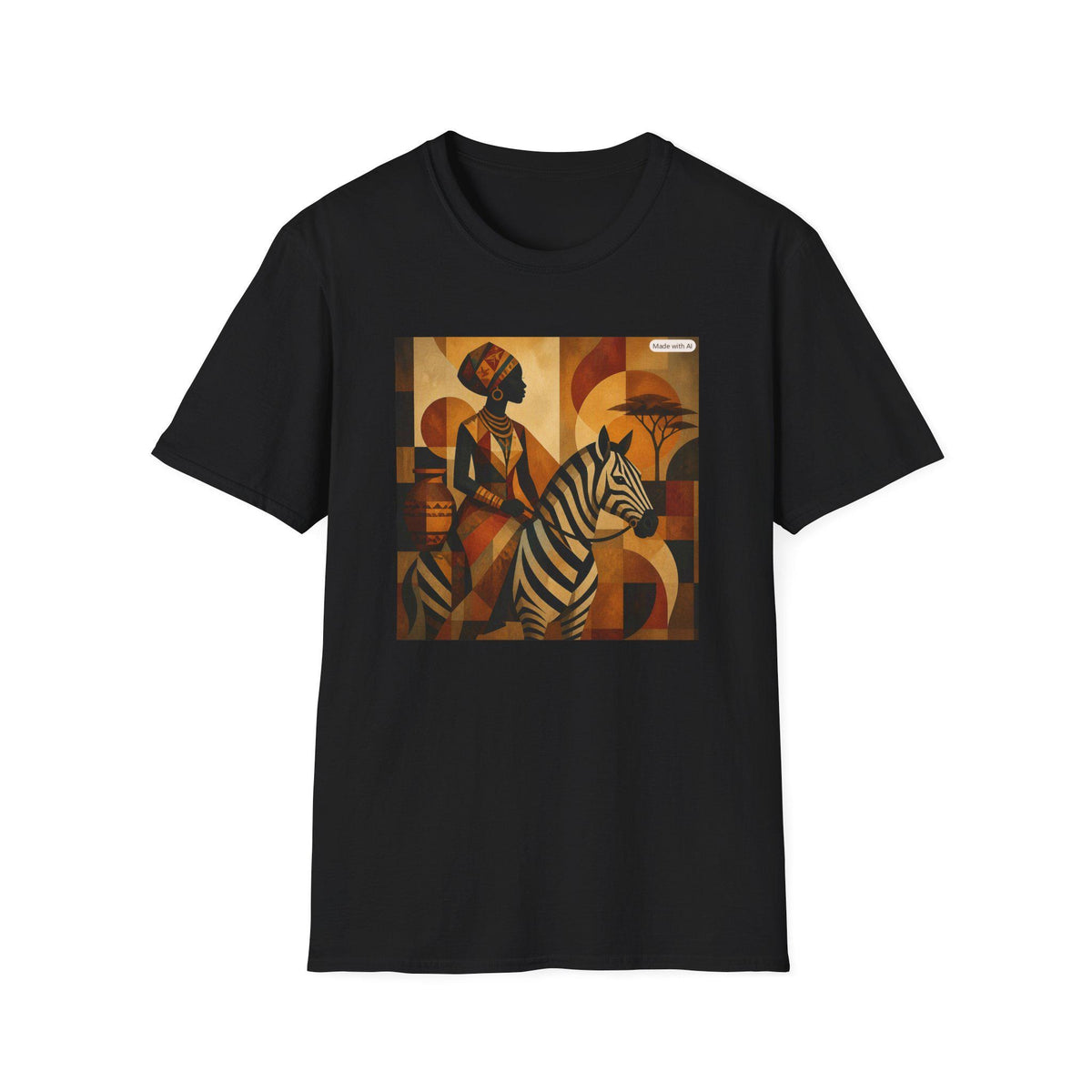 African Woman and Zebra T-Shirt | Abstract Tribal Art, Earth Tones