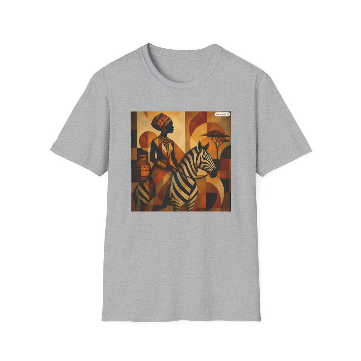 African Woman and Zebra T-Shirt | Abstract Tribal Art, Earth Tones
