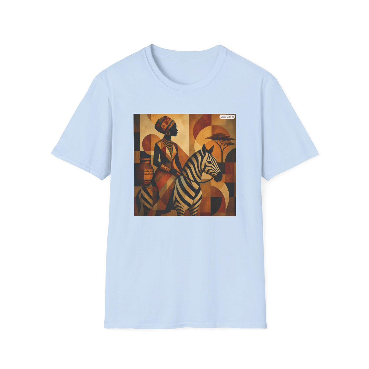 African Woman and Zebra T-Shirt | Abstract Tribal Art, Earth Tones